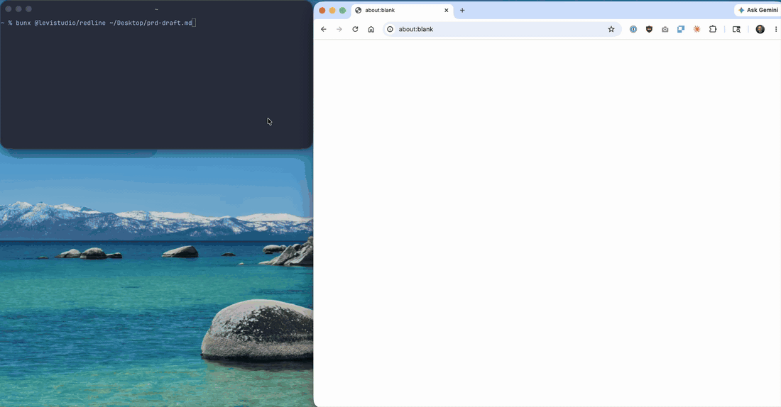 A screen recording of Redline: a paragraph is highlighted, a comment is left, the agent replies in the sidebar with a rewrite suggestion, the comment is resolved, and the document reopens with the rewritten paragraph shown inline as a diff.